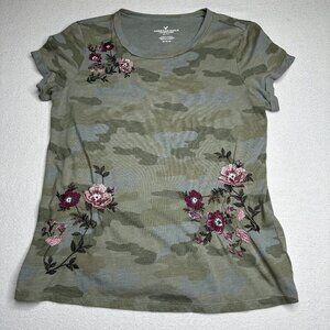 American‎ Eagle Green Camo Floral Embroidered T-shirt Top Blouse Country Size M